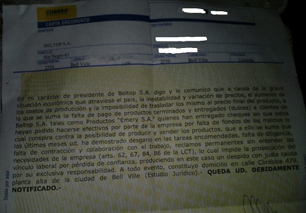 Telegrama de despido – Mas despidos y cierre de fábrica en Bell Ville