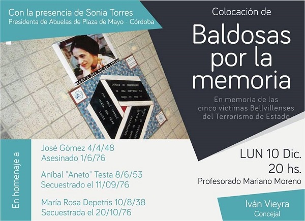 Se colocarán tres Baldosas por la Memoria el lunes 10 de diciembre