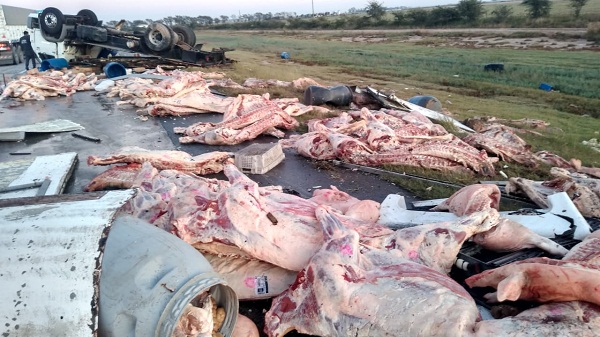 Bell Ville: volcó un camión cargado con carne en la autopista Còrdoba-Rosario