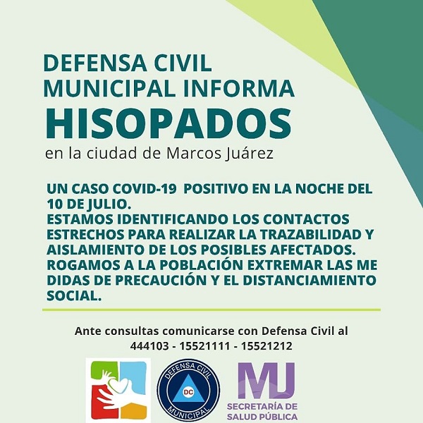 Covid-19: Marcos Juarez, Confirman un caso positivo