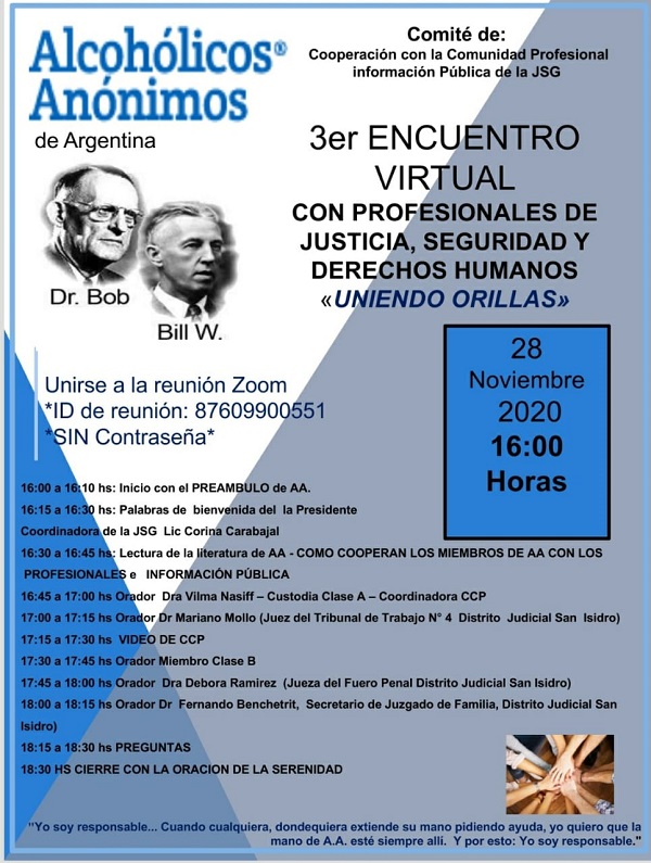 Alcohólicos Anónimos: hoy desde las 16,  3° Encuentro Virtual.
