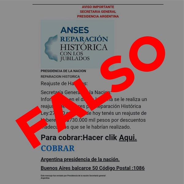Anses informa: nunca pedimos datos personales y bancarios por correo electrónico.