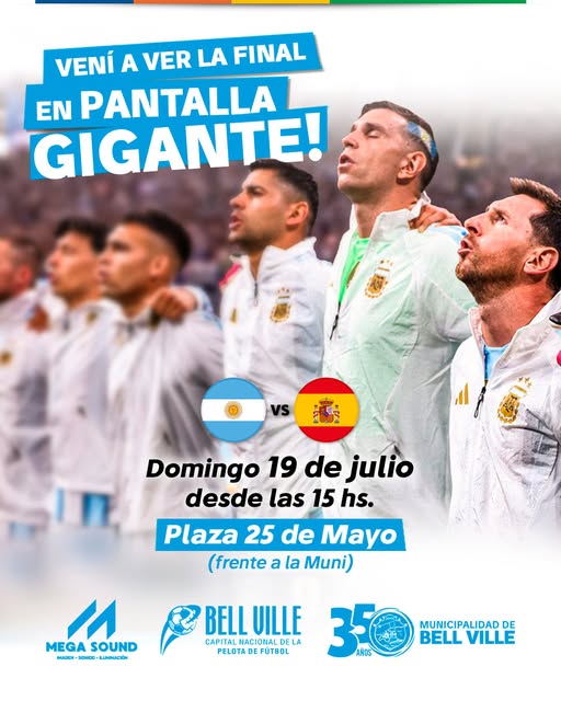 Bell Ville invita a vivir la final del Mundial en pantalla gigante en Plaza 25 de Mayo.